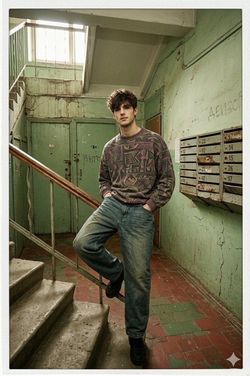90s Inspired Male Model in Russian Apartment Entrance — example 1