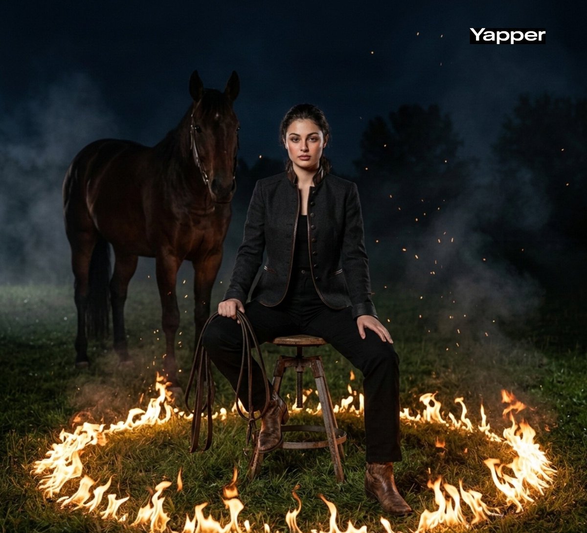 Cinematic Dark Western Portrait with Fire — example 1