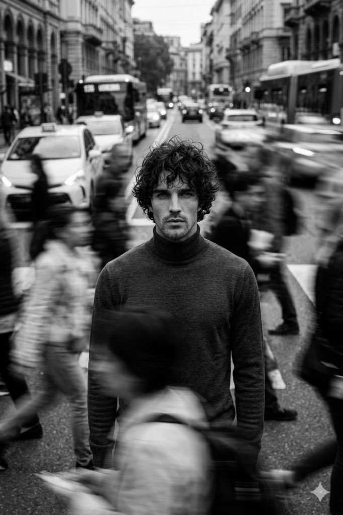 Cinematic Black and White Portrait in a Crowd — example 1
