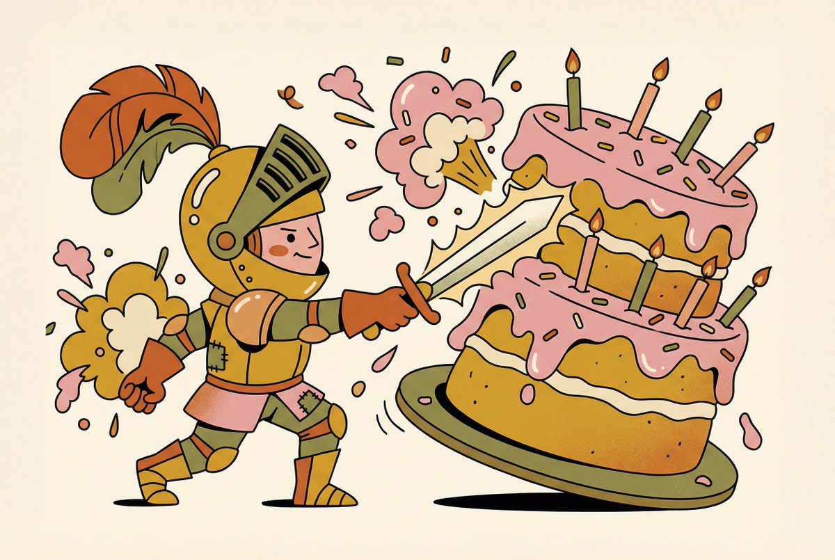 Tiny Medieval Knight vs. Towering Pink Birthday Cake — example 1