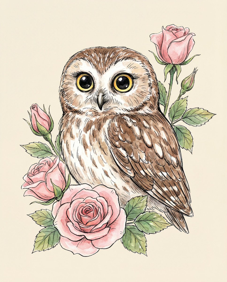 Watercolor Illustration of a Cute Owl with Pink Roses — example 1