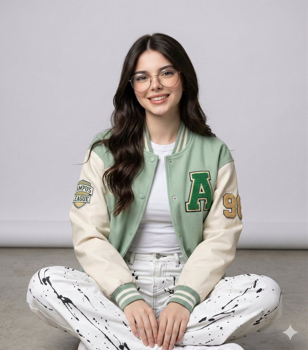 Studio Portrait of a Woman in Varsity Jacket and Splatter Pants — example 1