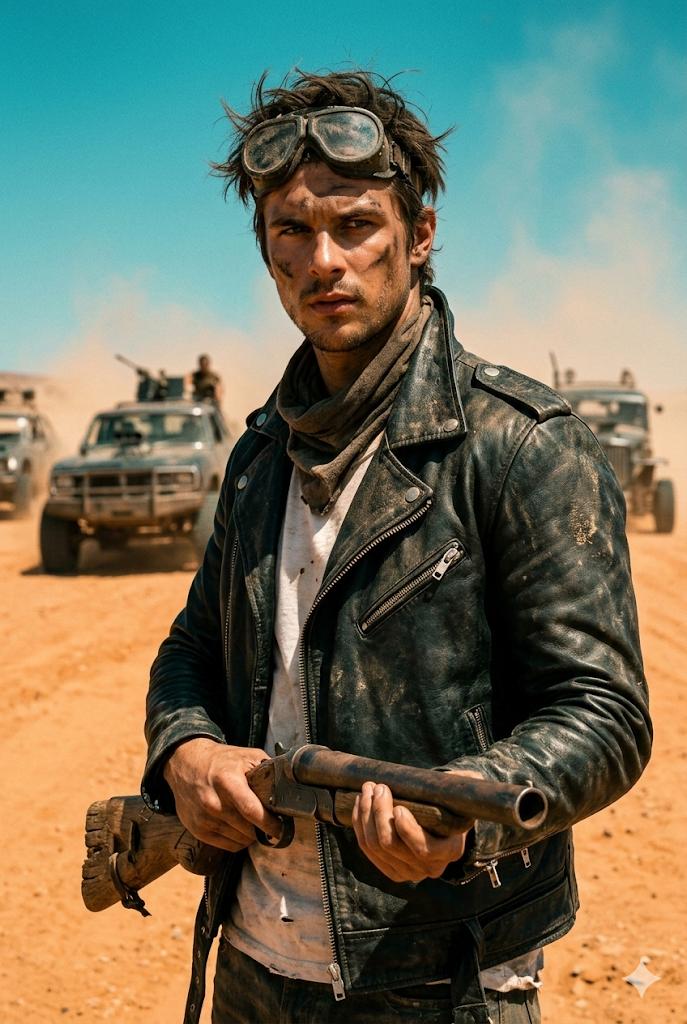 Wasteland Survivor Cinematic Film Still (Mad Max Style)