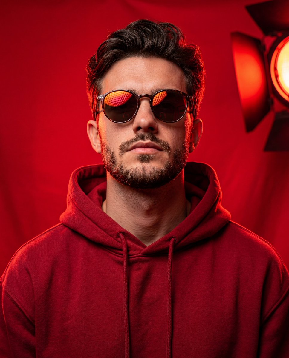 Bold Studio Portrait with Red Hoodie and Dark Sunglasses