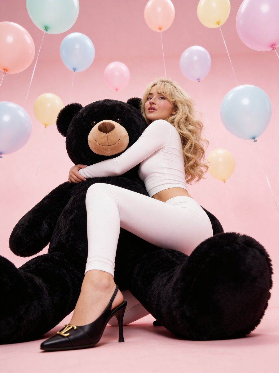 Y2K Glamour Editorial of Sabrina Carpenter with Teddy Bear — example 1