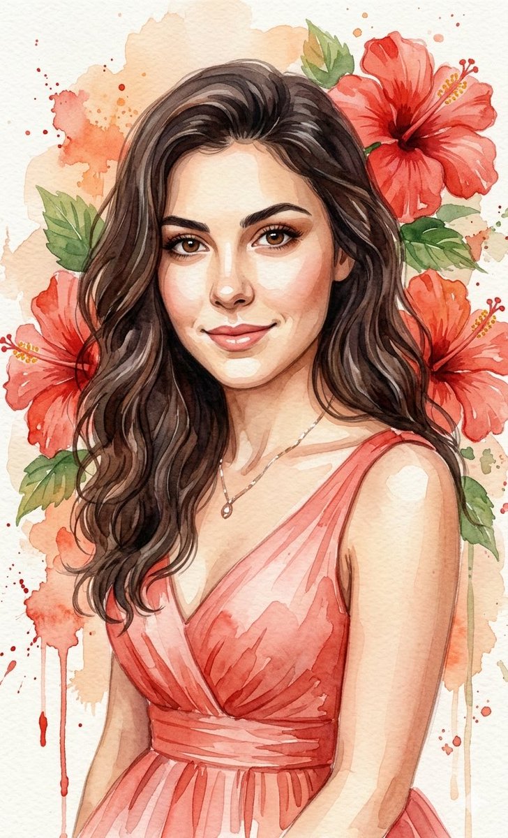 Watercolor Portrait with Hibiscus Prompt — example 1