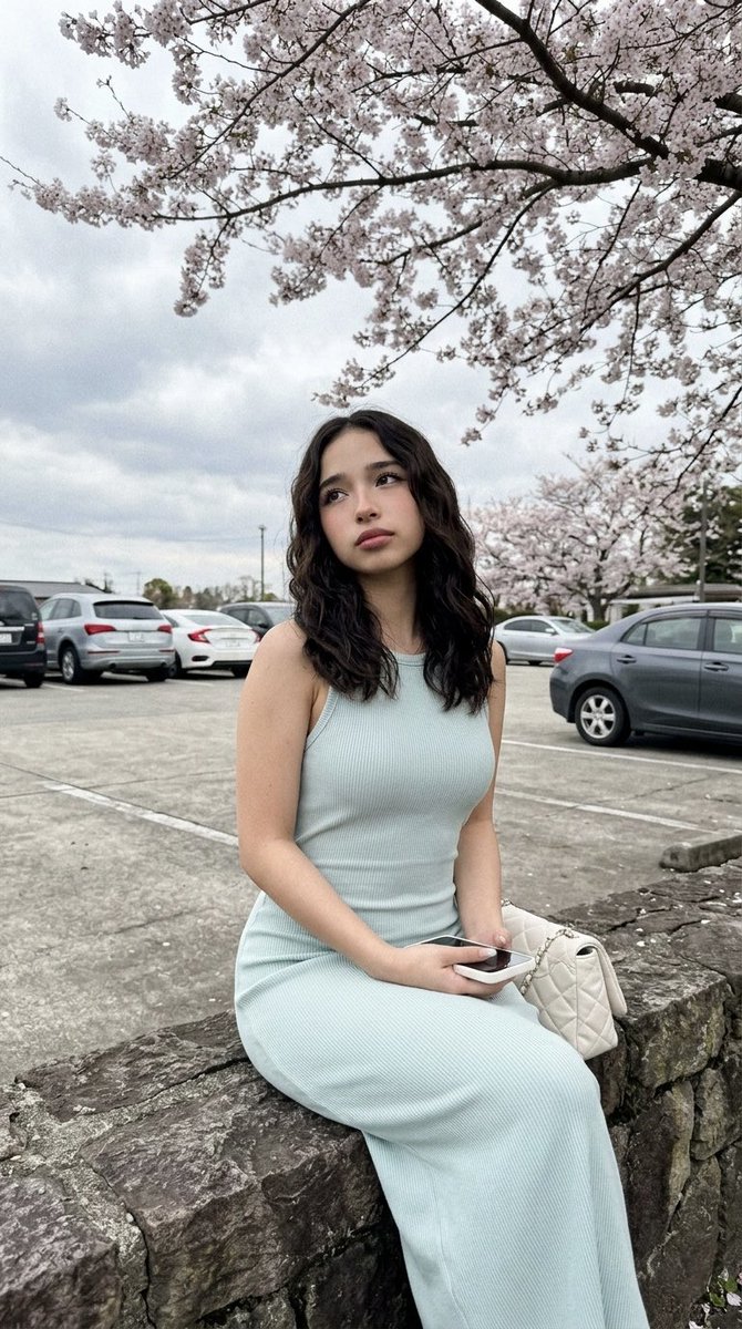 Cherry Blossom Parking Lot Portrait Prompt — example 1
