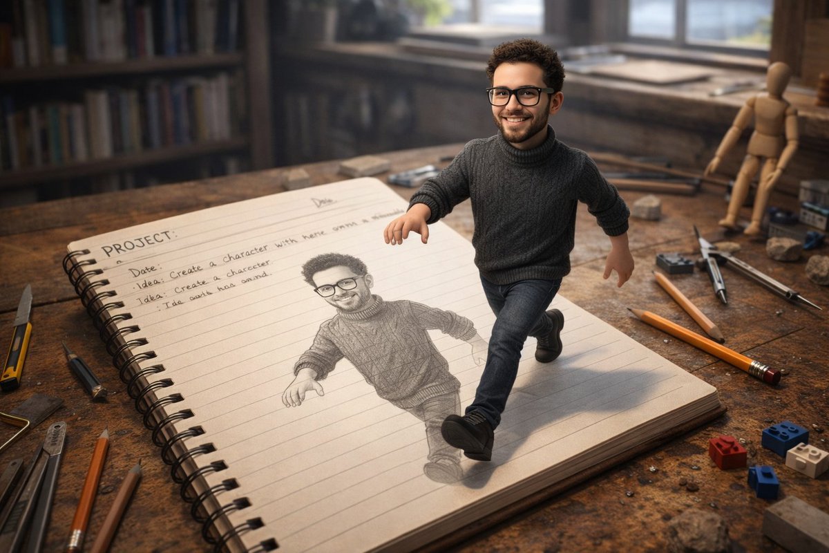 Character Stepping Out of a Sketchbook (Surreal Photo)