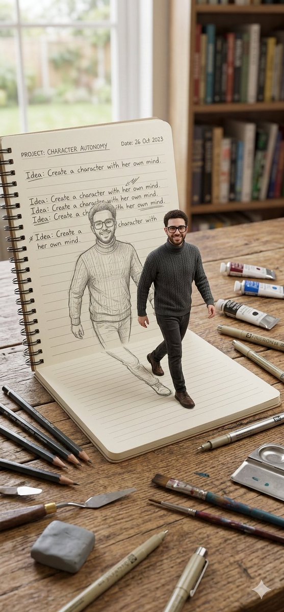 Character Stepping Out of a Sketchbook (Surreal Photo) — example 2