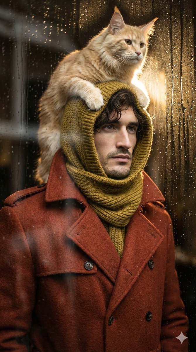 Low-angle man with hood scarf and cat on head — example 1