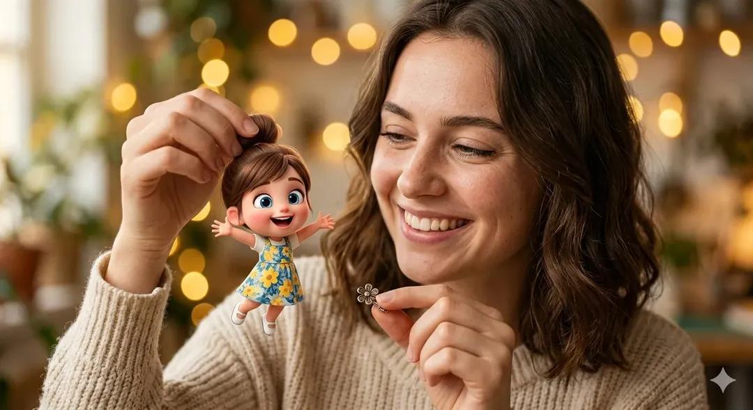 Surreal Portrait: Woman Holding Tiny Cartoon Girl — example 1