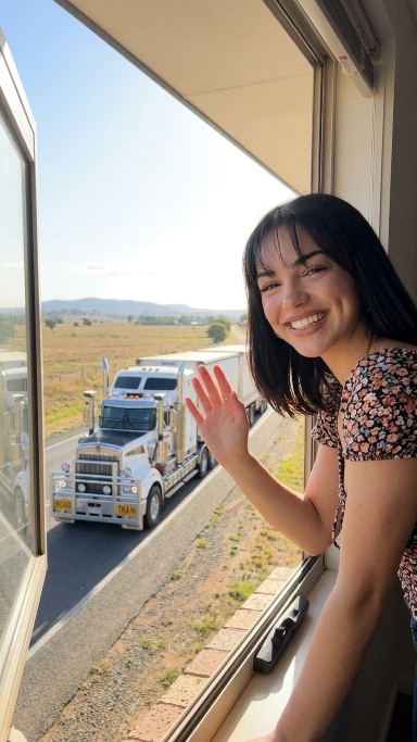Woman Waving at a Semi-Truck on a Rural Highway — example 1