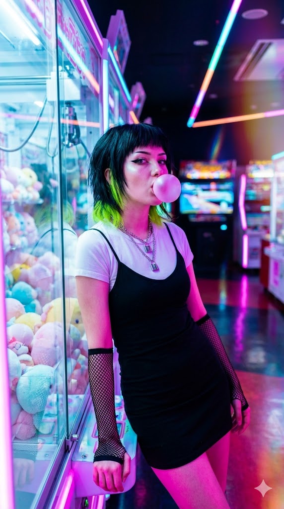 Cyber-Pop E-Girl in Neon Arcade — example 1