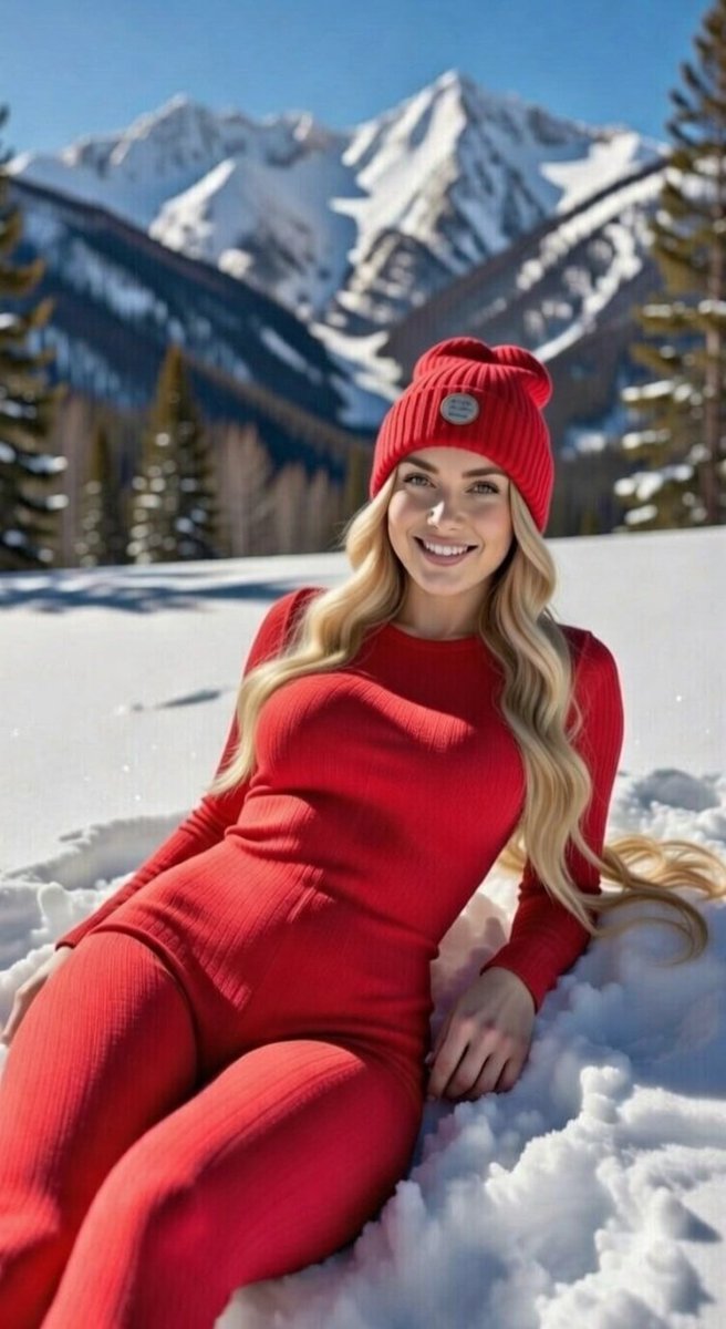 Blonde Woman in Red Bodysuit in Snow — example 1