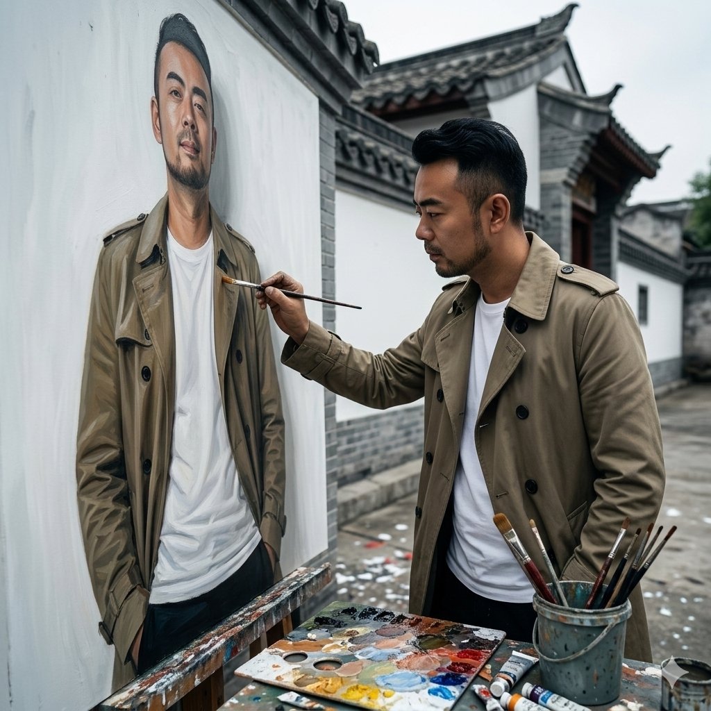 Cinematic Painterly Portrait of an Artist Painting Himself — example 1