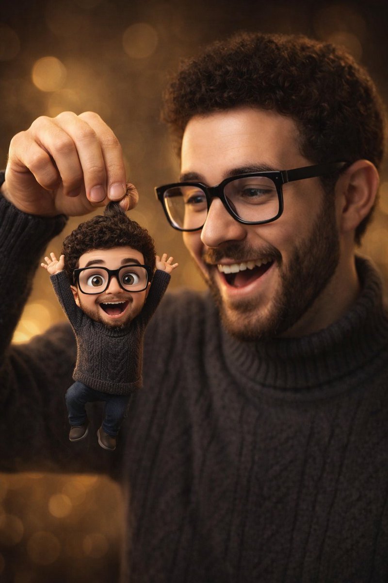 Photorealistic Subject Holding Miniature Cartoon Self — example 1