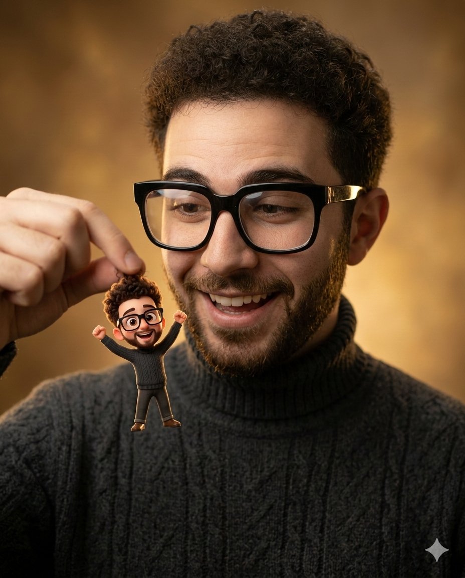 Photorealistic Subject Holding Miniature Cartoon Self — example 2