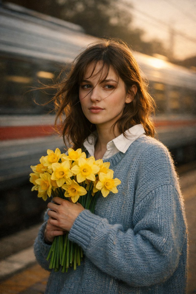 Cinematic Portrait at Railway Platform with Daffodils — example 1