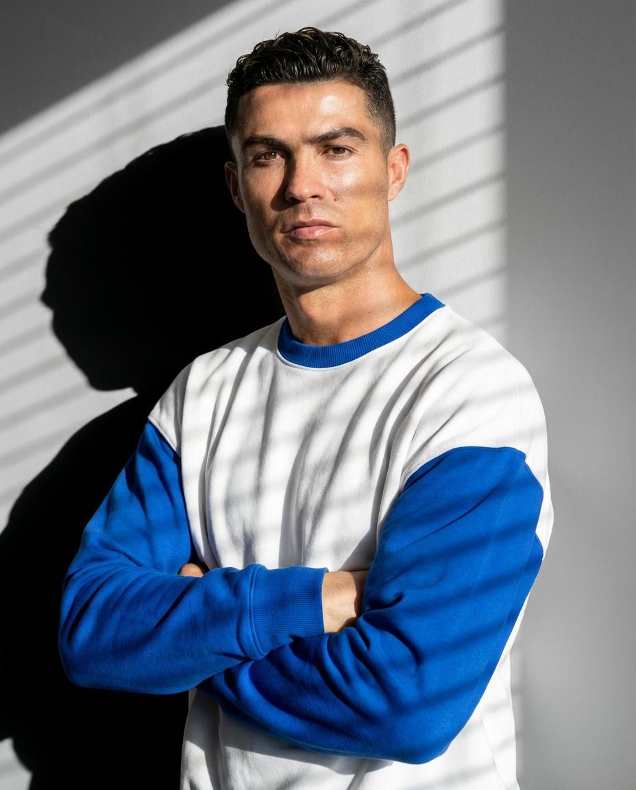 High-Contrast Fashion Studio Portrait with Striped Shadows — example 1