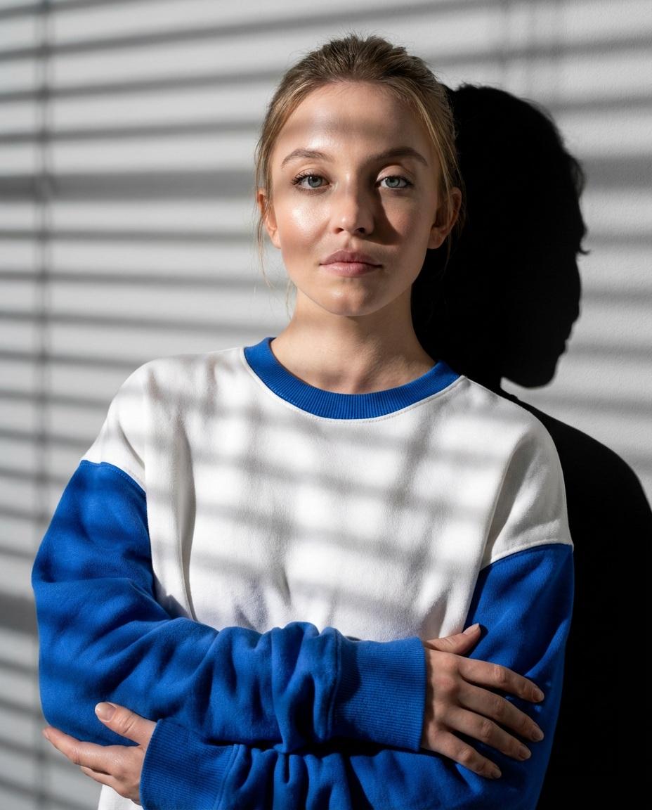 High-Contrast Fashion Studio Portrait with Striped Shadows — example 2