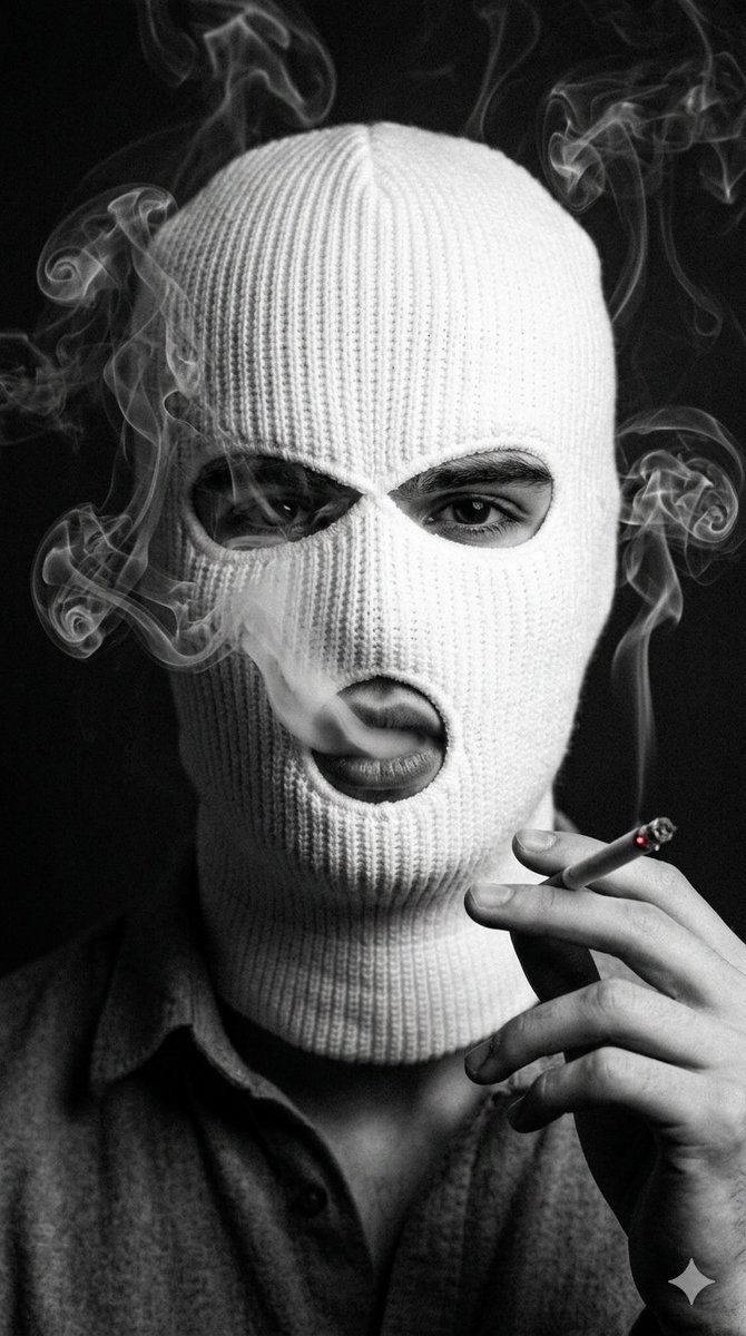 Noir Portrait with Balaclava and Cigarette Smoke — example 1