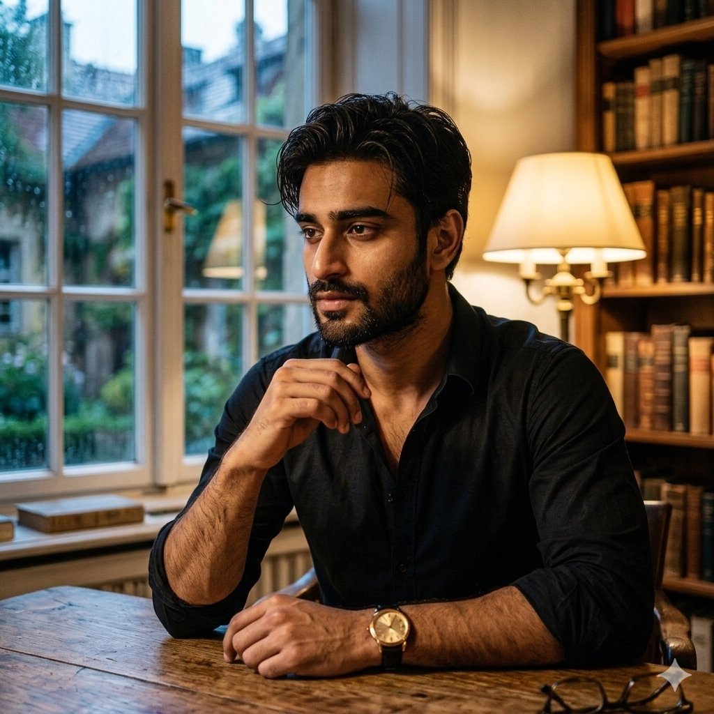 Cinematic Chiaroscuro Portrait of a South Asian Man in a Library — example 1