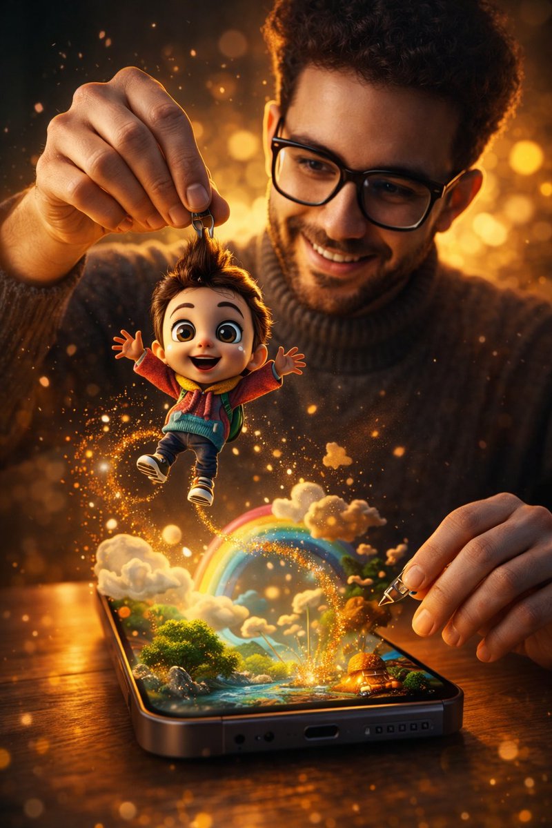 Surreal Cinematic Scene: Man Emerging from Phone with Tiny Cartoon Boy