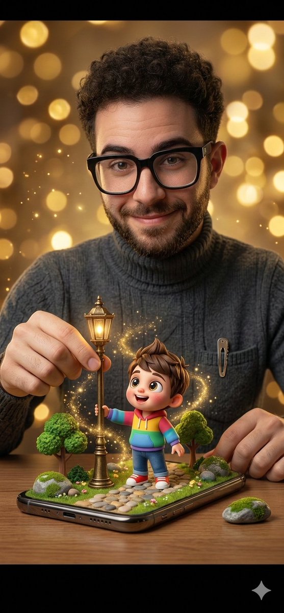 Surreal Cinematic Scene: Man Emerging from Phone with Tiny Cartoon Boy — example 2