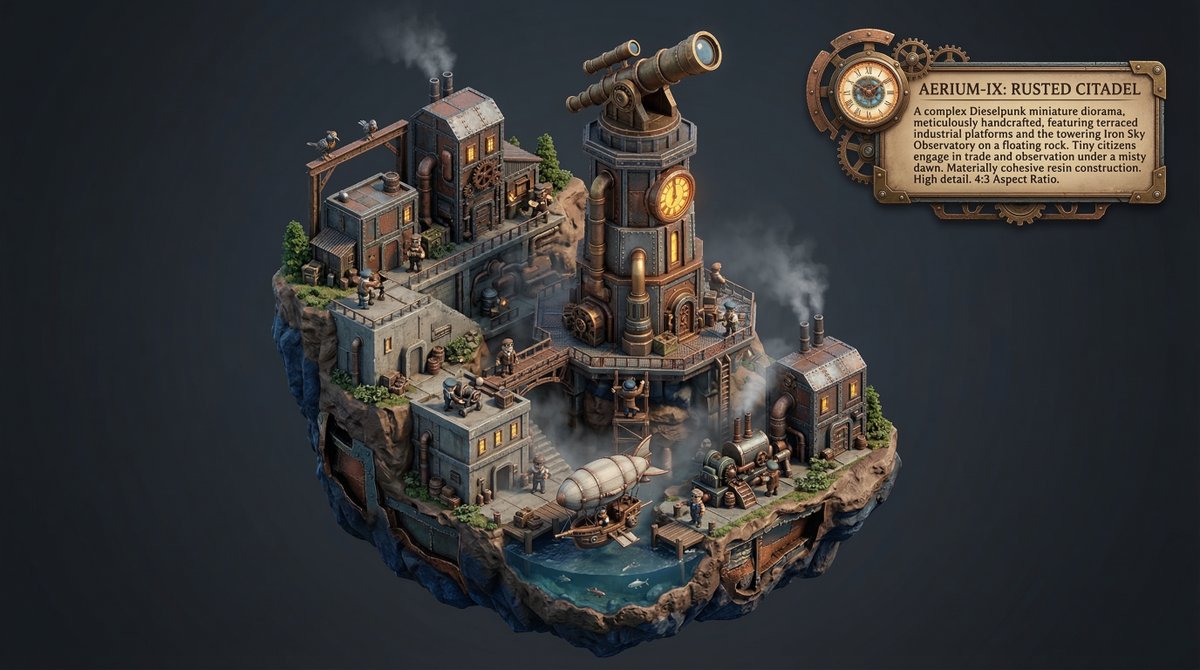 Procedural Whimsical Mono-Punk Floating Miniature Diorama Prompt — example 1