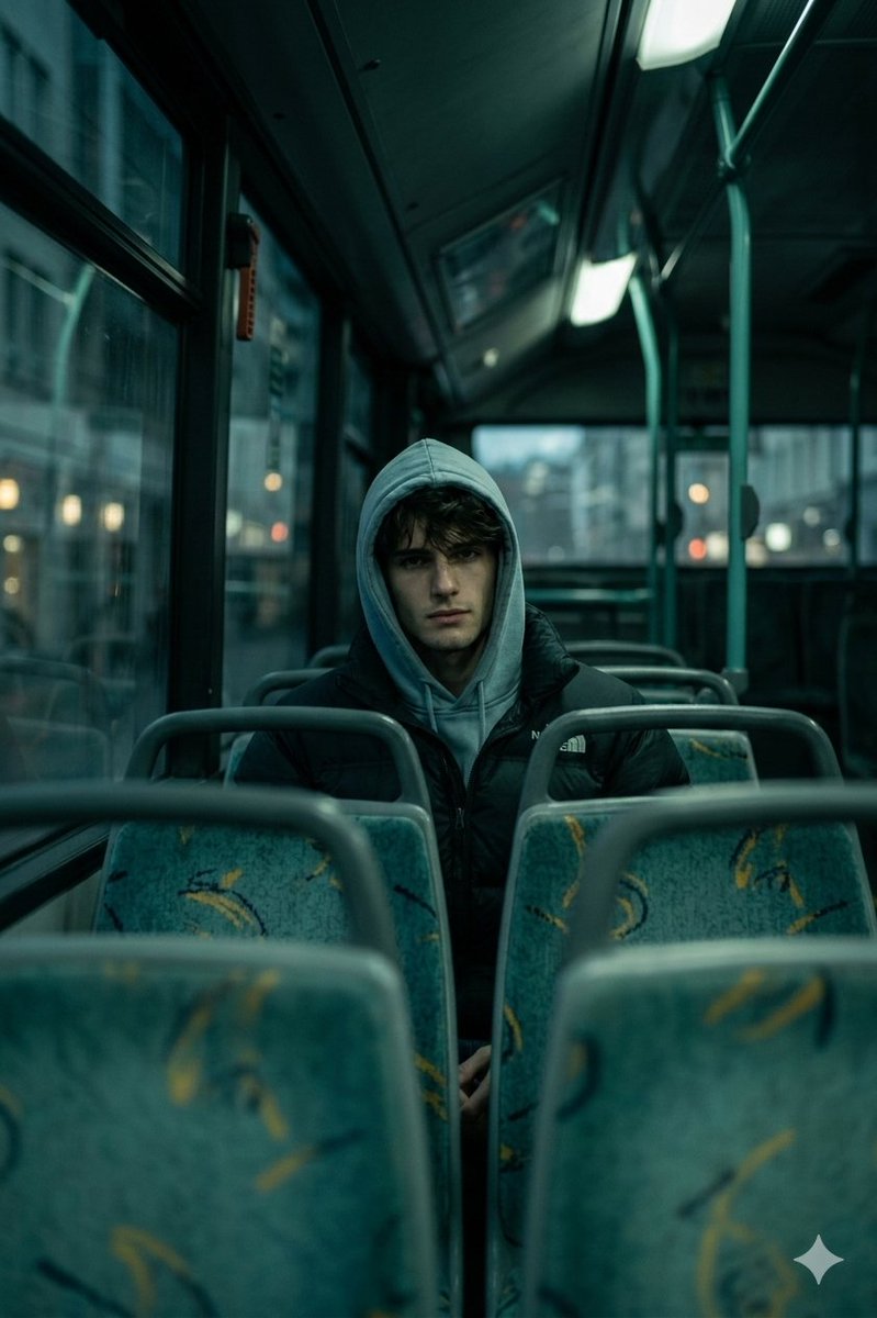 Cinematic Interior Shot of a Man on a Dimly Lit Bus