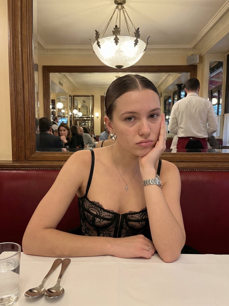 Warm-Lit Bistro Portrait of a Young Woman