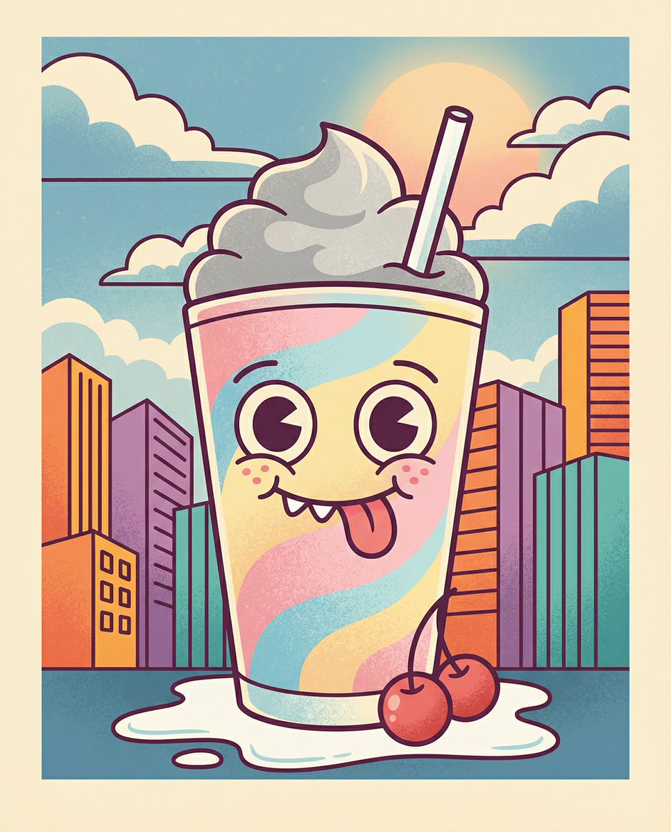 Whimsical Cartoon Milkshake with City Skyline Background