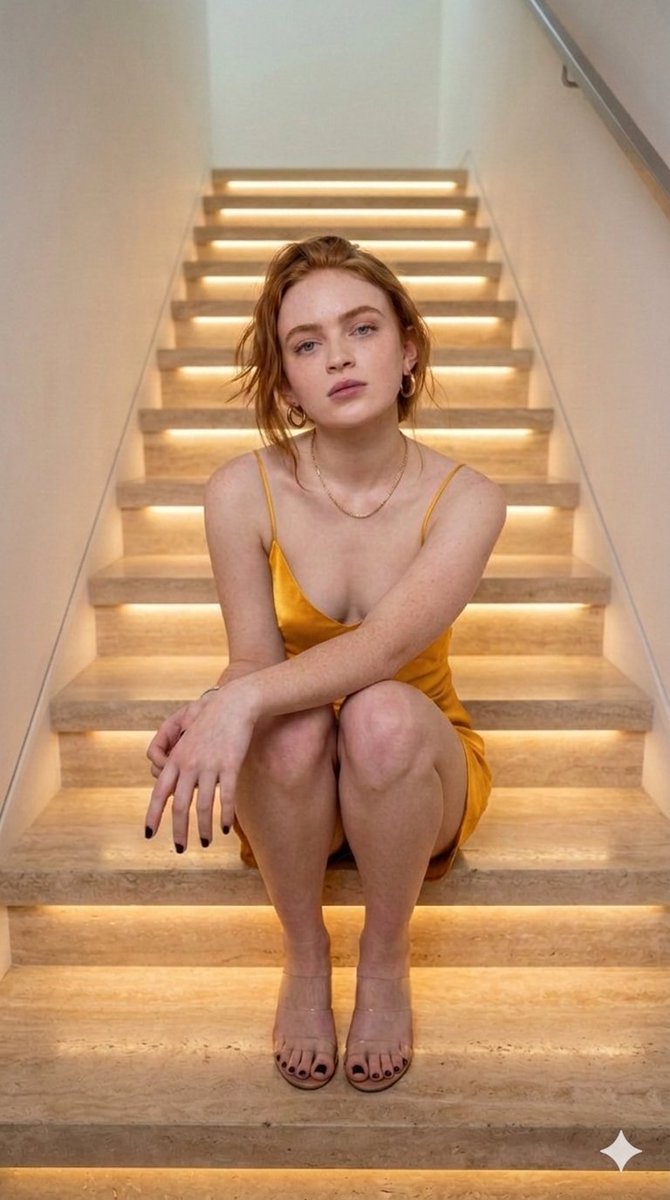 Sadie Sink in Yellow Slip Dress on Illuminated Stairs — example 1