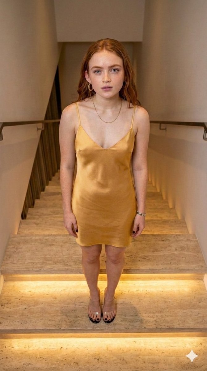 Sadie Sink in Yellow Slip Dress on Illuminated Stairs — example 2