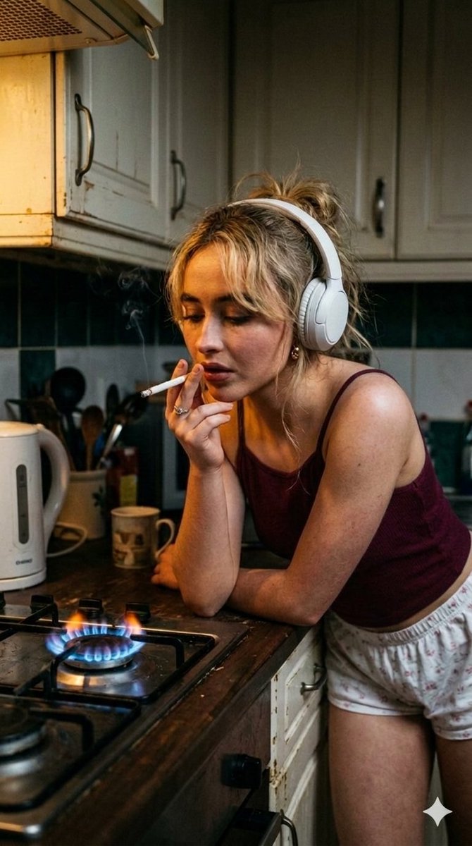 Moody Cinematic Portraits in a Kitchen with Neon Gas Stove Glow — example 1