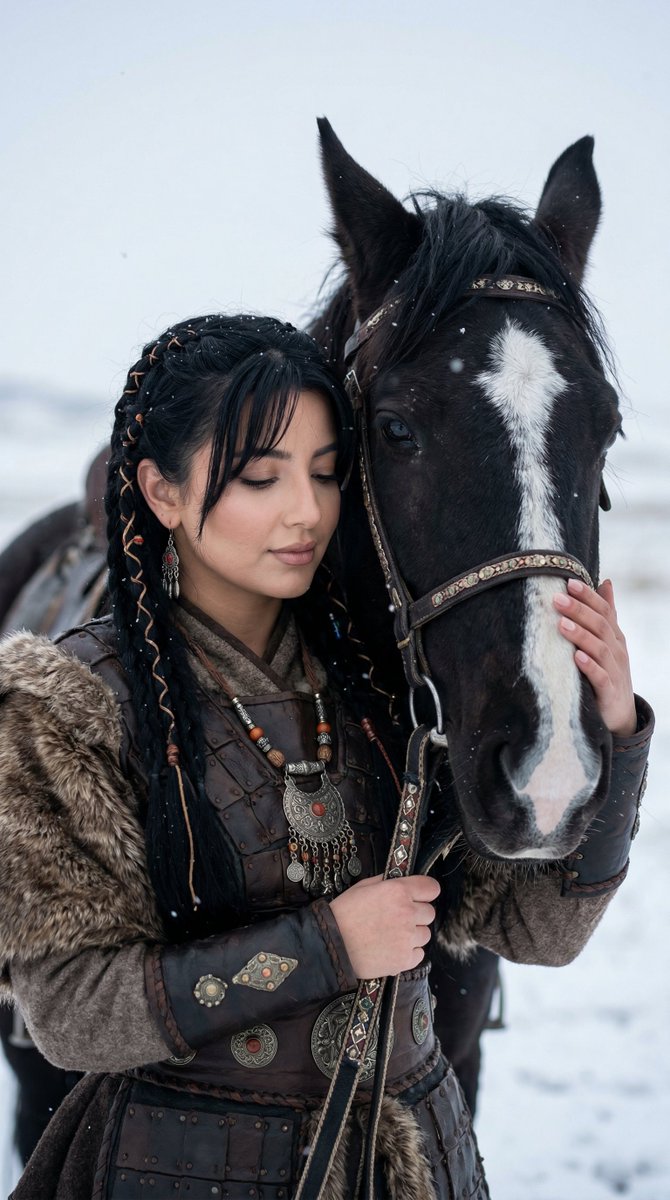 Cinematic Portrait of Ancient Turkic Woman and Horse in Snow — example 1
