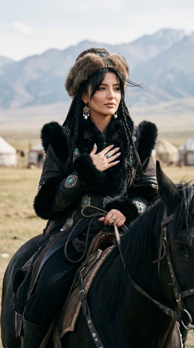 Cinematic Portrait of Old Turkic Noblewoman on Black Horse (Image-to-Image) — example 1
