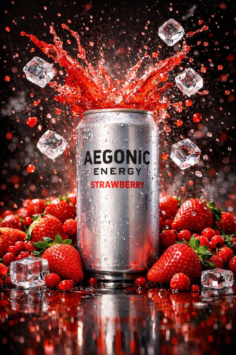 Cinematic Product Photography Prompt: Strawberry Energy Drink Explosion
