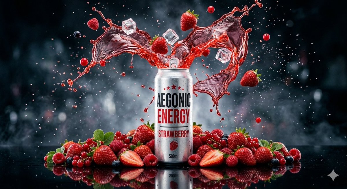 Cinematic Product Photography Prompt: Strawberry Energy Drink Explosion — example 2