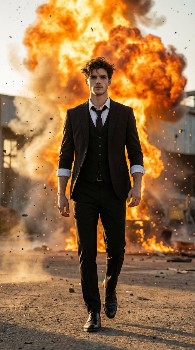 Action Hero Walking Away from Explosion Prompt (Image-to-Image) — example 1