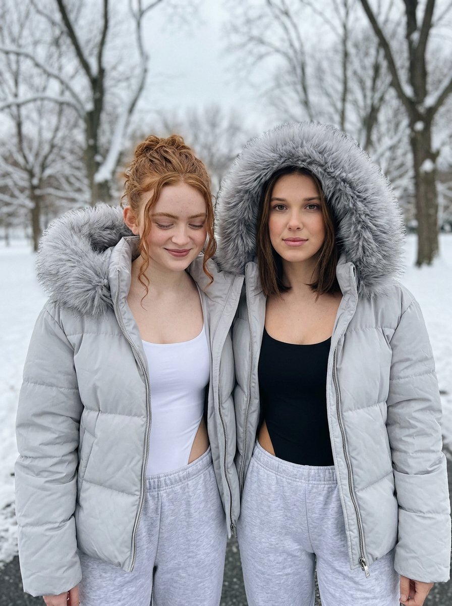 Intimate Winter Street Fashion Portrait Prompt (Sadie Sink & Millie Bobby Brown) — example 1