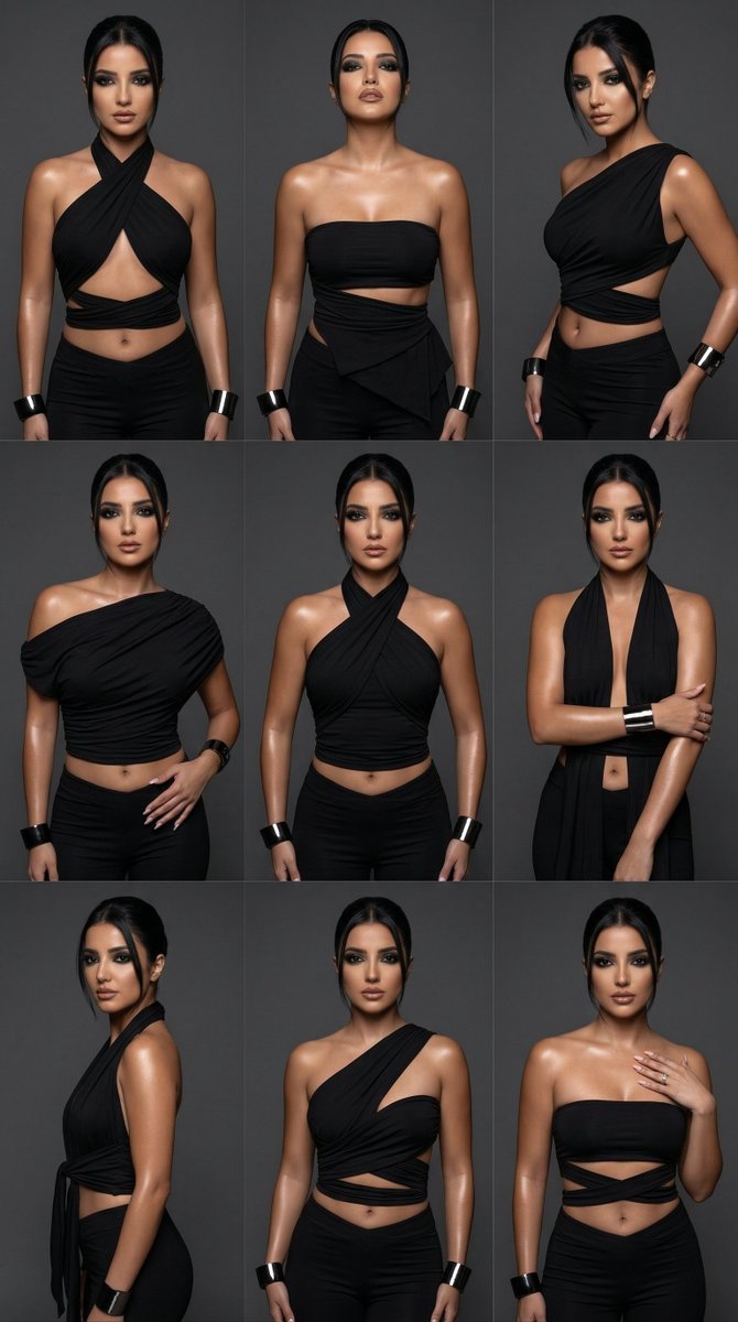 9-Panel Fashion Variation Grid Prompt: Black Wrap Tops — example 1