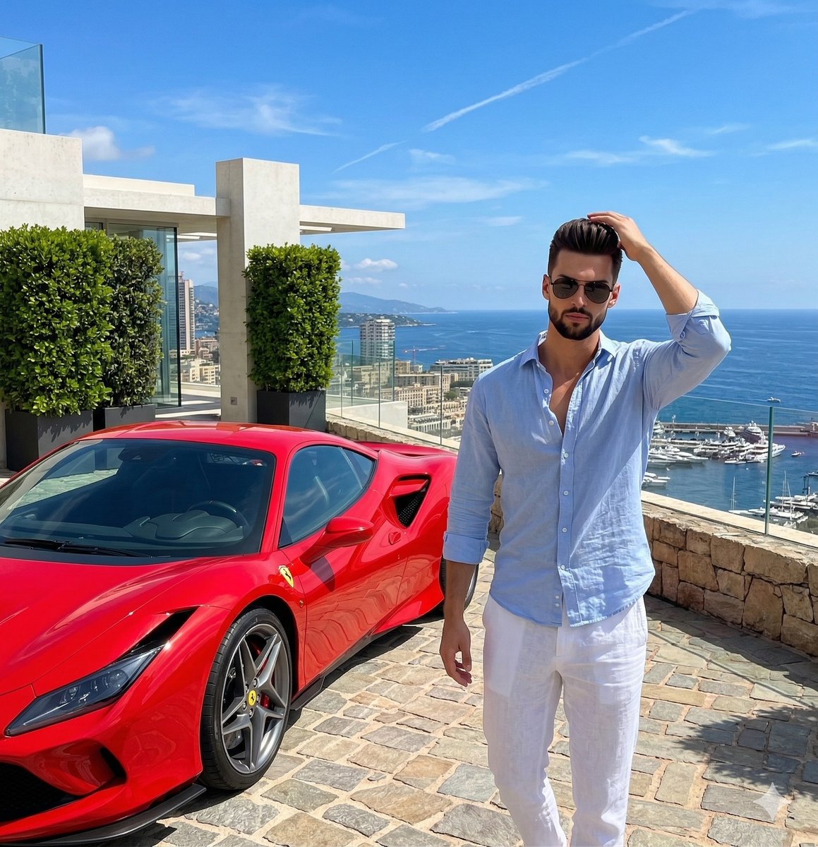 Luxury Lifestyle Photography Prompt: Man with Red Sports Car — example 1