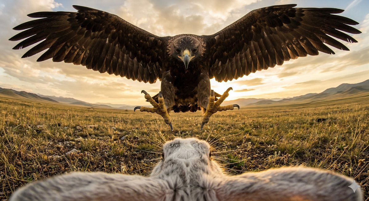Ultra wide-angle cinematic photo of a rabbit and eagle — example 1