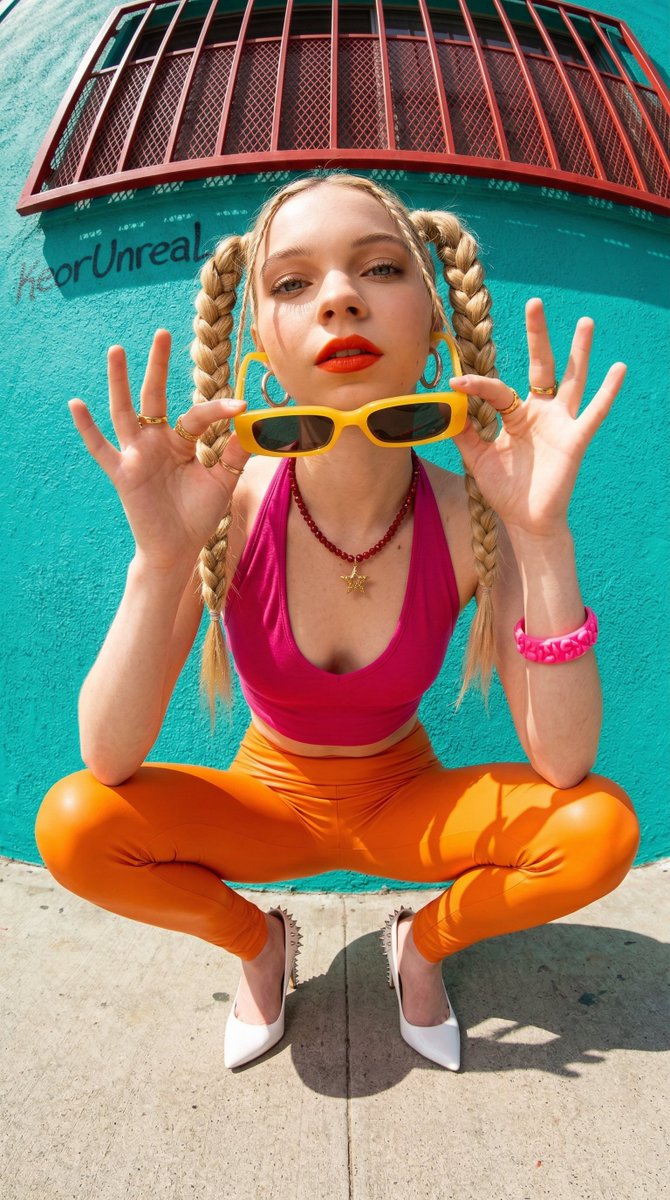 Photorealistic streetwear portrait of Emma Myers with fisheye distortion — example 1