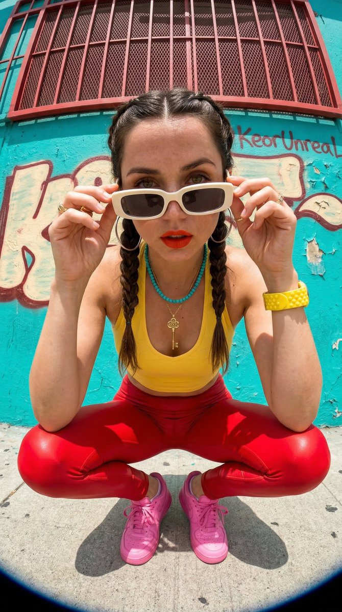 Photorealistic streetwear portrait of Emma Myers with fisheye distortion — example 2
