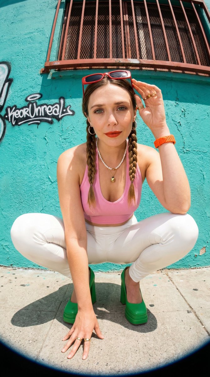 Photorealistic streetwear portrait of Emma Myers with fisheye distortion — example 3