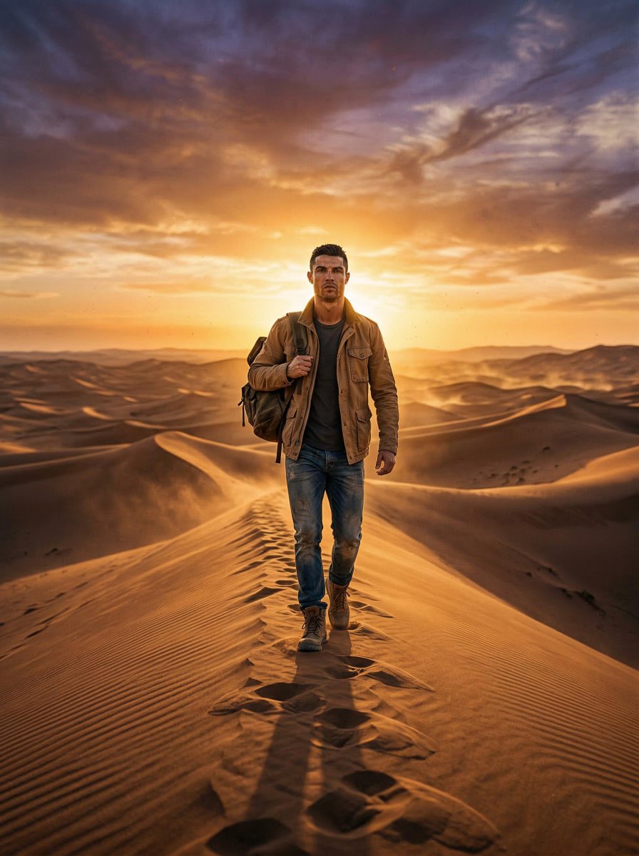 Lone Traveler in Saharan Dunes Prompt — example 1