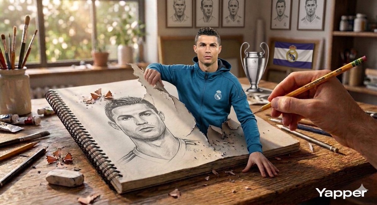 Surreal 3D Art of Messi and Ronaldo Emerging from a Sketchbook — example 1
