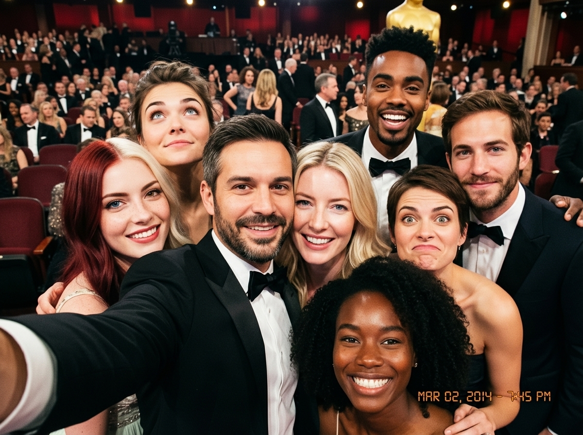Oscars selfie as a character-select game screen — example 1